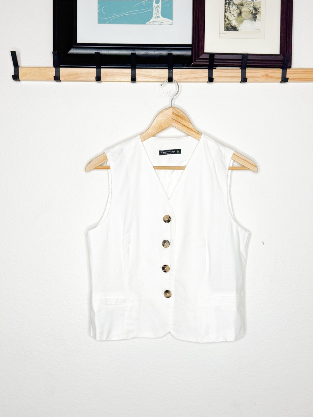 Emerson Lang White Linen Blend Button Front Vest Women’s Size M Tailored Minimal